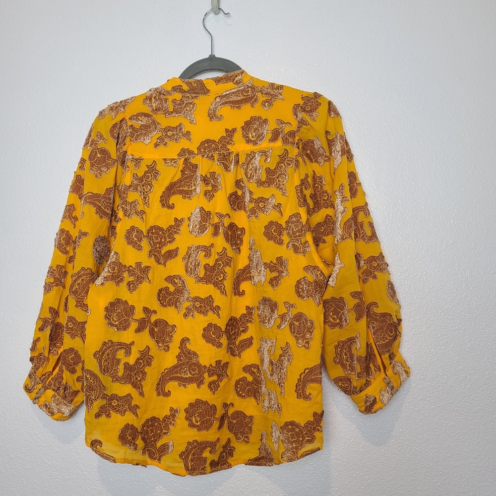 Anthropologie Pilcro Velvet Floral Appliqued Blouse Top In Gold Yellow - Picture 9 of 9